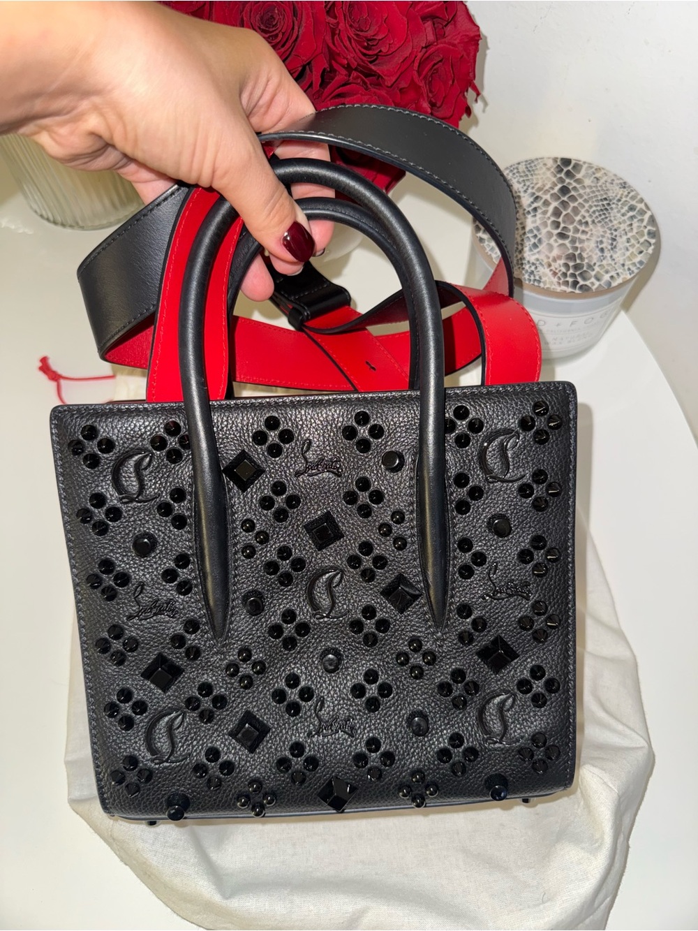 Christian Louboutin Black Studded Satchel with Red Strap